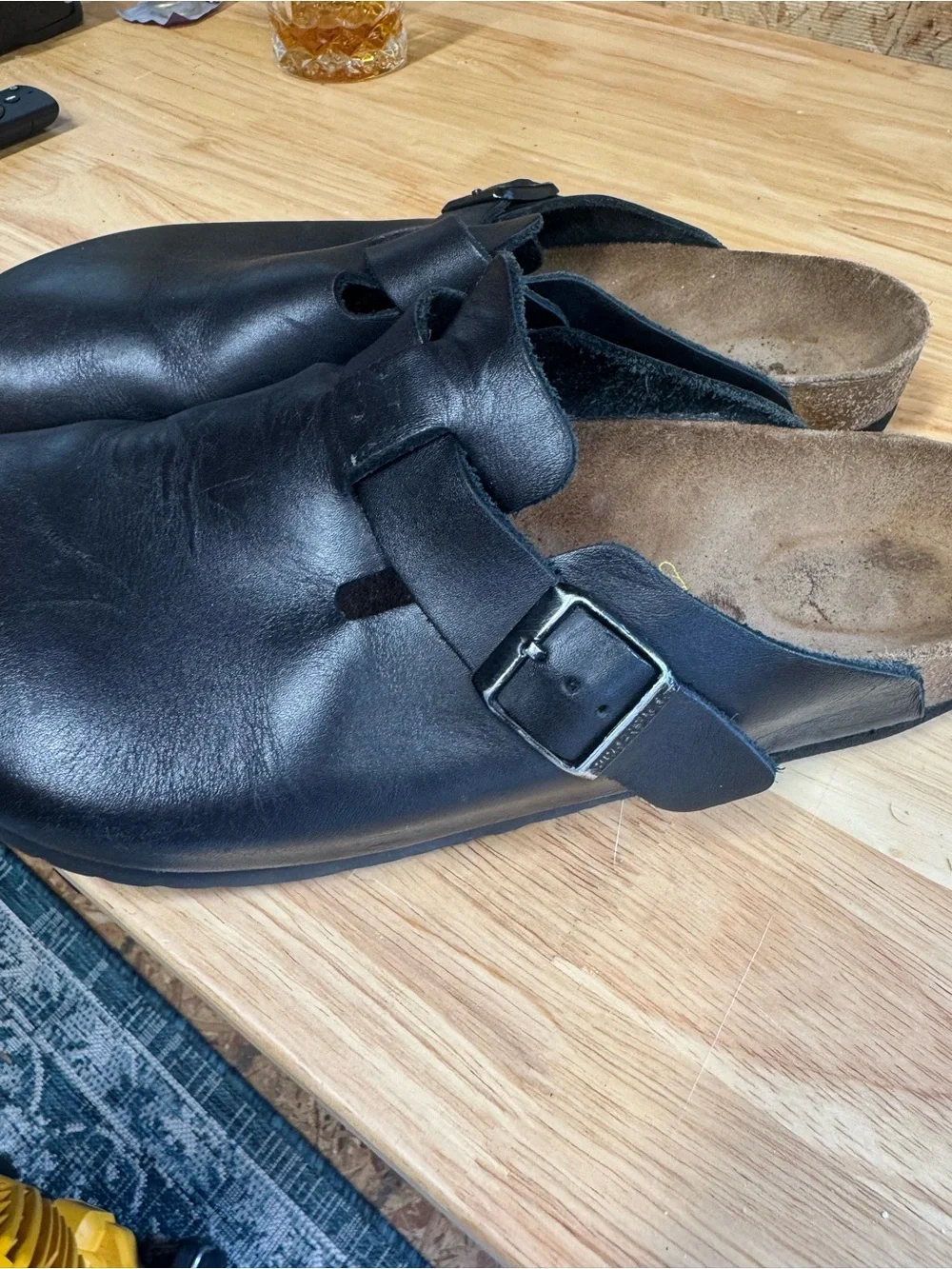 Birkenstock Black Leather Slip-On Clogs with Buckle